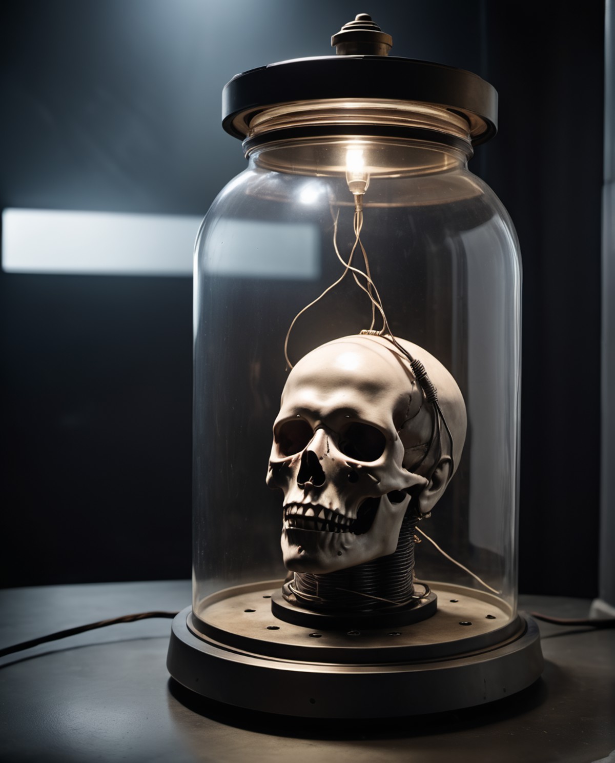 Dystopian style cinematic film still of  a(( severed head  in a jar))is displayed in a distopian maschine cabels and wires...